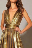 Vestido formal plisado en línea A metálico dorado