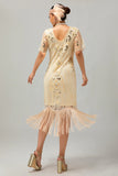 Vestido ajustado con flecos de lentejuelas doradas y brillantes de los años 1920