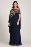 Vestido de Madre de la Novia con Apliques de Funda Azul Marino con Chal
