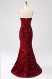 Vestido de fiesta largo de sirena de lentejuelas sin tirantes rojo con abertura
