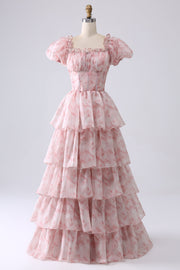 Vestido de fiesta escalonado de cuello cuadrado Blush A Line con volantes