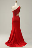 Sirena Un Hombro Rojo Vestido de Fiesta Con Abalorios