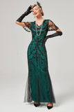 Vestido largo de lentejuelas de rubor negro de la década de 1920