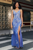 Vestido de fiesta largo azul claro con cuello en V de sirena de moda con abertura de apliques