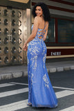 Vestido de fiesta largo azul claro con cuello en V de sirena de moda con abertura de apliques