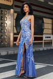 Vestido de fiesta largo azul claro con cuello en V de sirena de moda con abertura de apliques