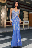 Vestido de fiesta largo azul claro con cuello en V de sirena de moda con abertura de apliques