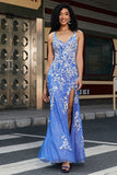 Vestido de fiesta largo azul claro con cuello en V de sirena de moda con abertura de apliques