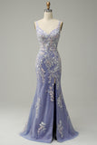 Vestido de fiesta largo azul claro con cuello en V de sirena de moda con abertura de apliques