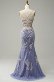 Vestido de fiesta largo azul claro con cuello en V de sirena de moda con abertura de apliques