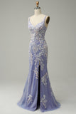 Vestido de fiesta largo azul claro con cuello en V de sirena de moda con abertura de apliques