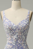 Vestido de fiesta largo azul claro con cuello en V de sirena de moda con abertura de apliques