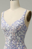 Vestido de fiesta largo azul claro con cuello en V de sirena de moda con abertura de apliques