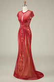 Precioso vestido de fiesta burdeos con cuello joya de sirena con abalorios