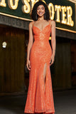 Vestido de fiesta de lentejuelas de lentejuelas de sirena brillante con lentejuelas naranjas con frente dividido