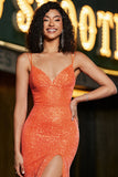 Vestido de fiesta de lentejuelas de lentejuelas de sirena brillante con lentejuelas naranjas con frente dividido