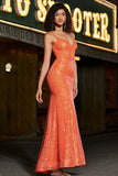 Vestido de fiesta de lentejuelas de lentejuelas de sirena brillante con lentejuelas naranjas con frente dividido