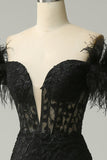 Fuera del Hombro Negro Sirena Vestido de Fiesta Con Plumas