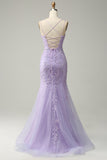 Tirantes de Espagueti Sirena Púrpura Vestido de Fiesta Con Apliques