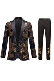 Negro y Oro Jacquard Sequins Masculinos 2 Piezas Trajes de Fiesta