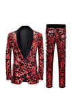 Lentejuelas Rojo Patrón Floral Trajes de Hombro 2 Piezas