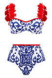 Bañador Azul y Blanco 3 Piezas Con Falda de Playa