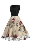 1950s Vestido Azul Con Bordado