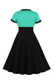 Negro Lunares A Línea 1950s Vestido Con Mangas Cortas