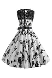 Sin Mangas Estampado Blanco 1950s Vestido Con Faja