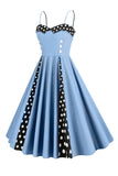 Azul claro Lunares Correas de espagueti Vestido de la década de 1950