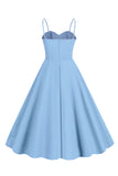 Azul claro Lunares Correas de espagueti Vestido de la década de 1950