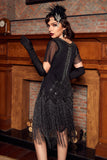 Negro 1920s vestido de lentejuelas con flecos
