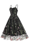 A Línea Negro 1950s Vestido Con Bordado