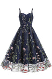 A Línea Negro 1950s Vestido Con Bordado