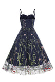 A Línea Negro 1950s Vestido Con Bordado