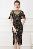 Lentejuelas negras Bodycon 1920s Vestido con flecos