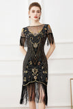 Lentejuelas negras Bodycon 1920s Vestido con flecos