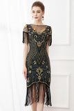 Lentejuelas negras Bodycon 1920s Vestido con flecos