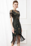Lentejuelas negras Bodycon 1920s Vestido con flecos