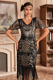 Vestido de Gatsby de la década de 1920 con flecos dorados negros con escote en V y lentejuelas