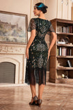 Vestido de Gatsby de la década de 1920 con flecos dorados negros con escote en V y lentejuelas
