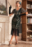 Vestido de Gatsby de la década de 1920 con flecos dorados negros con escote en V y lentejuelas