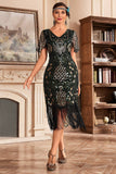 Vestido de Gatsby de la década de 1920 con flecos dorados negros con escote en V y lentejuelas