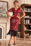 Vestido de Gatsby de la década de 1920 con flecos dorados negros con escote en V y lentejuelas