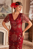 Vestido de Gatsby de la década de 1920 con flecos dorados negros con escote en V y lentejuelas