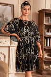 Vestido negro de lentejuelas brillantes de la década de 1920 con mangas de murciélago