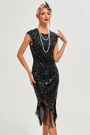 Vestido de Gatsby de la década de 1920 con flecos con cuentas negras brillantes
