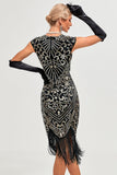 Vestido de Gatsby de la década de 1920 con flecos con cuentas negras brillantes