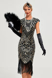 Vestido de Gatsby de la década de 1920 con flecos con cuentas negras brillantes