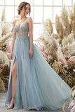 Vestido de fiesta de tul lavanda línea A con cuentas